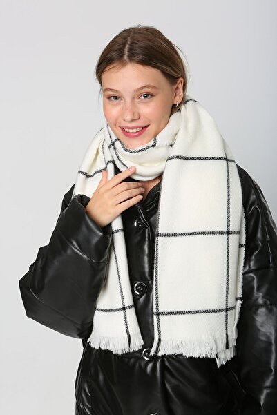 FELLMENS Жіночий шарф-шаль - Екрю з квадратним візерунком