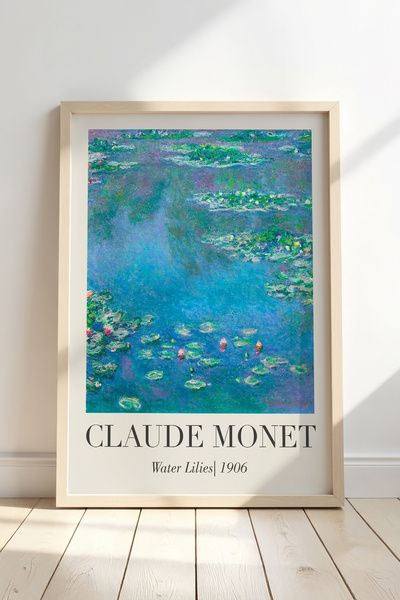 Opak Design Claude Monet Su Nilüferleri 1906 Vintage Doğal Ahşap Çerçeveli Du...