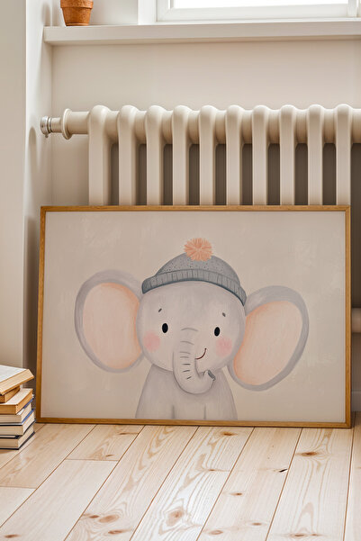 HİGUERA Χαριτωμένος ελέφαντας που φοράει μπερέ με φυσικό ξύλινο πλαίσιο Πίνακ...