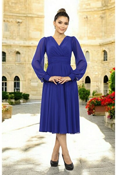 FaBe Fashion Uzun Kollu Sırtı Kapalı Kruvaze Yaka Midi Şifon Elbise