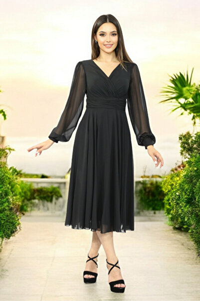 FaBe Fashion Uzun Kollu Sırtı Kapalı Kruvaze Yaka Midi Şifon Elbise