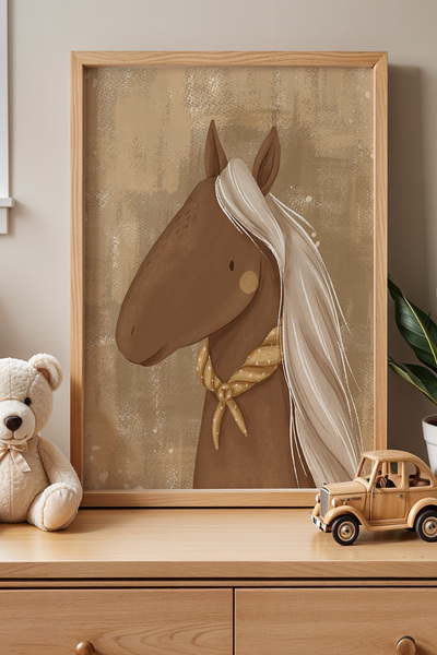 HİGUERA Πίνακας τοίχου με φυσικό ξύλινο πλαίσιο για παιδικό δωμάτιο Cute Horse