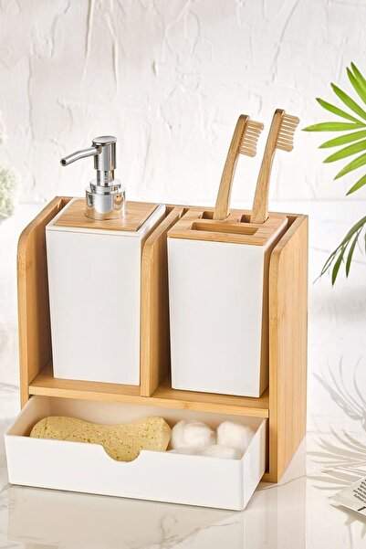 Piev Standlı Çekmeceli Bambu Sabunluk Diş Fırçalık