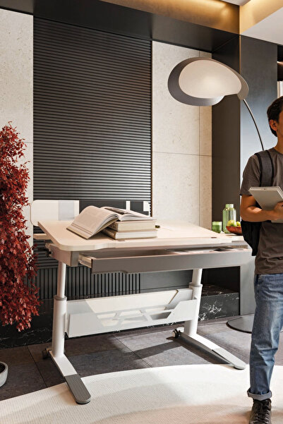 Creo Mobili Sirius Standart Ofis Masası Yükseklik Ayarlı Çekmeceli Çalışma Masası - 120x75 Cm, Ekru/Gri