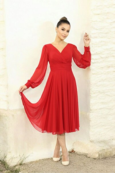 FaBe Fashion Uzun Kollu Kruvaze Yaka Midi Şifon Elbise