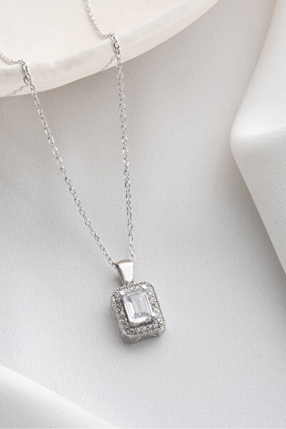 Two Arts Jewelry 925 Ayar Gümüş Baget Kesim Zirkon Taşlı Kolye – Zirkon Taşlı – Kadın
