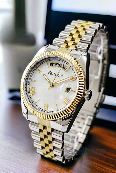 Ferrucci Takvimleri Aktif Sarı Beyaz Renk Çelik Kordon Orijinal Kadran Kadın Kol Saati FC.13024TM