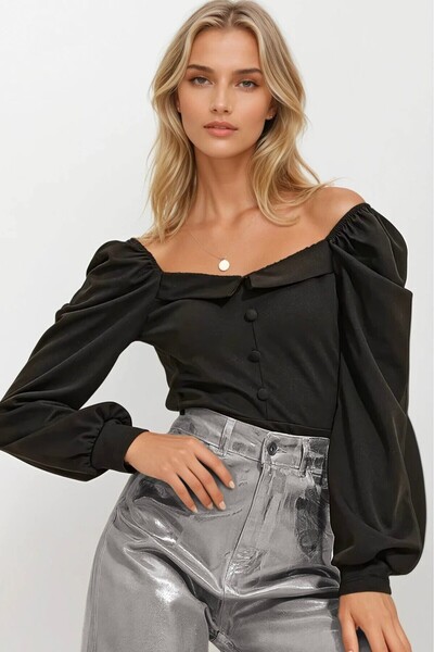 OLSAMODA ΓΥΝΑΙΚΕΙΑ ΜΠΛΟΥΖΑ ΜΕ ΚΟΥΜΠΙΑ ΜΠΡΟΣΤΑ ΜΕ ΜΑΝΙΚΙΑ ΜΠΑΛΟΝΙΑ ΕΛΑΣΤΙΚΗ ΥΦΑΣΜΑΤΙΚΗ ΜΠΛΟΥΖΑ