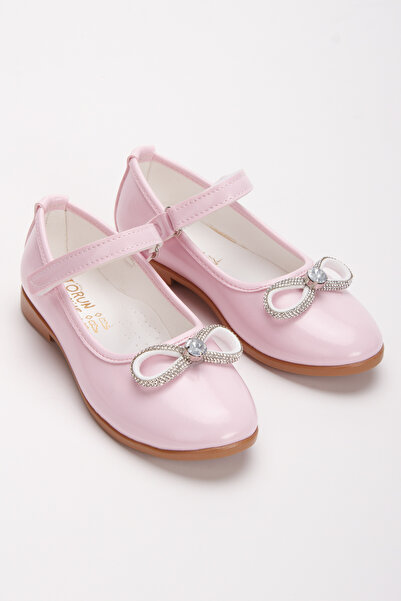 Lideral Pudra Pembe Renk Kız Çocuk Babet Ayakkabı Taşlı Fiyonklu Babet Kız Ço...