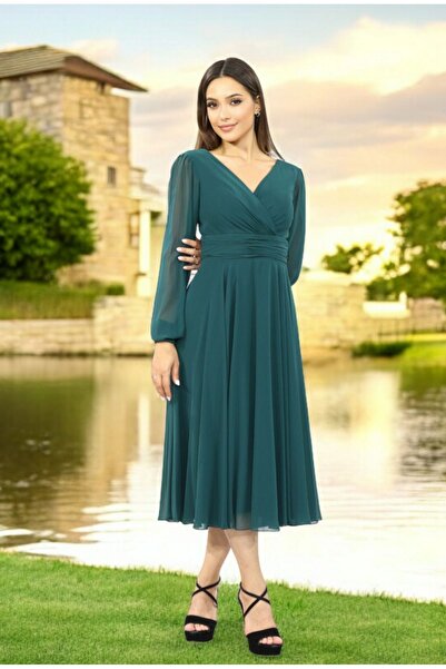 FaBe Fashion Uzun Kollu Kruvaze Yaka Midi Şifon Elbise