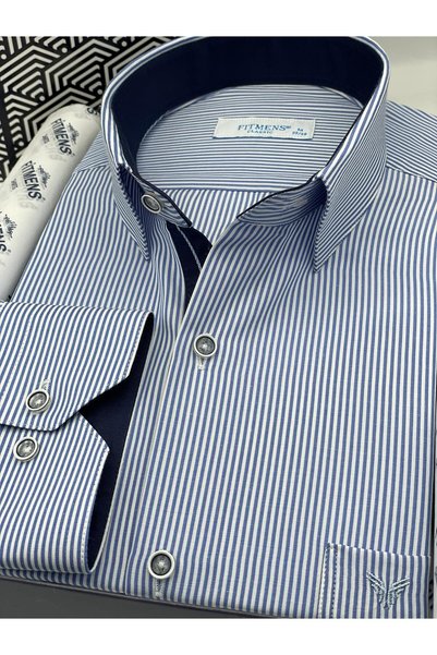 Fitmens Classic Long Sleeve Pinstripe Pocket Gift Boxed Men's Shirt Fs-003317 - Cobalt Blue