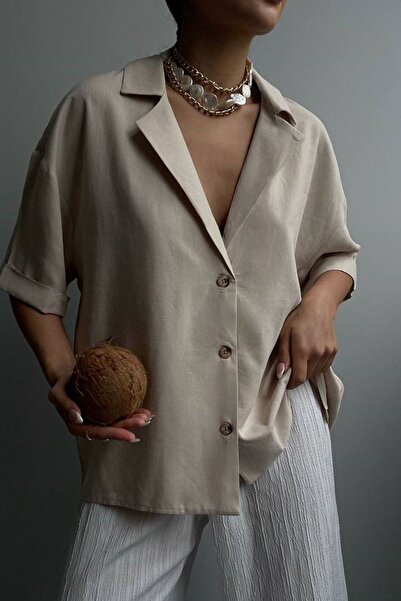 lovebox Жіночий бежевий піджак з коміром на ґудзиках та деталями з льону 23s18023