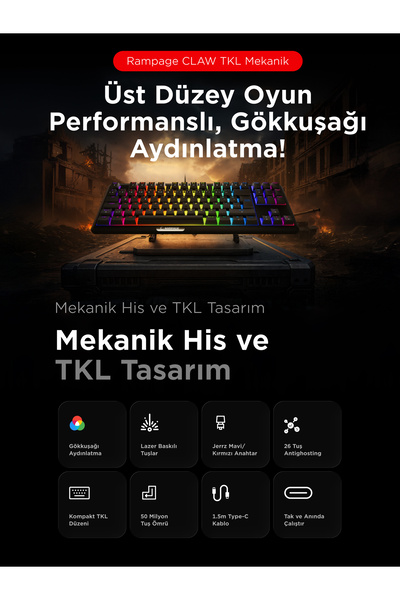 Rampage Claw Blue Switch Rainbow Tkl Anti Ghosting Mekanik Oyuncu Klavyesi