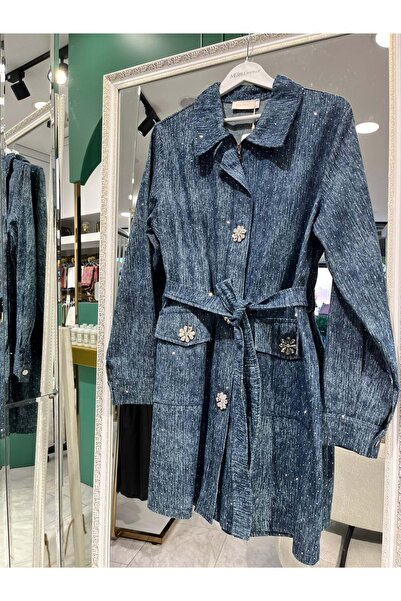 MERAM BUTİK سترة جينز مرصعة بالحجر من سيلينادا - أزرق داكن - 44