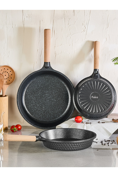 FALEZ Black Line 20-24-28 cm Black 3-Piece Cast Iron Pan Set