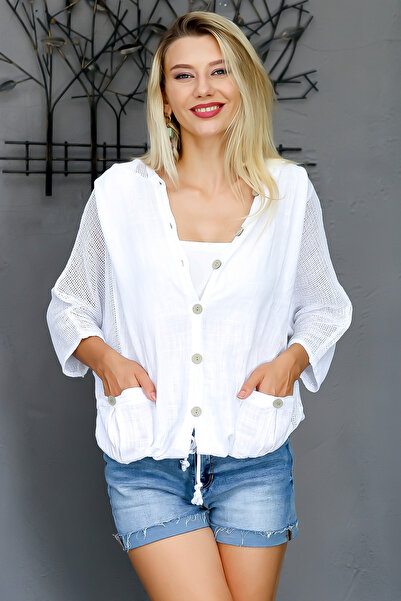 Chiccy White Hooded Long Sleeve Solid Color Buttoned Double Pocket Washed Woven Hooded Jacket