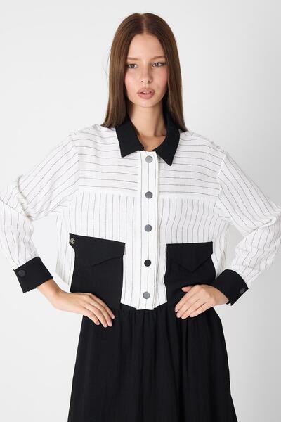 Zühre Shirt Collar Pocket Detailed Ecru/Black Double Suit Tk-1617