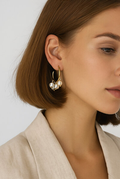 PİGADO Inci Benzetmeli Şık Tasarım Kararmaz Altın Kaplama Çelik Küpe