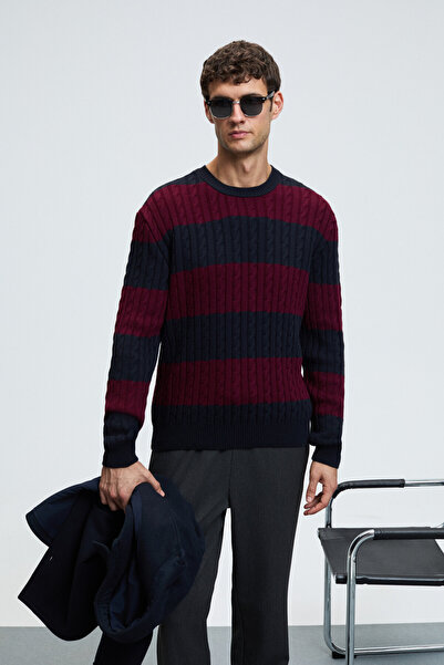 GRIMELANGE Braid Men's Round Neck Hair Braid Patterned Regular Fit Burgundy - Navy Blue Sweater