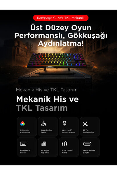 Rampage Claw Red Switch Rainbow TKL Mekanik Gaming Oyuncu Klavye ( Anti Ghosting )