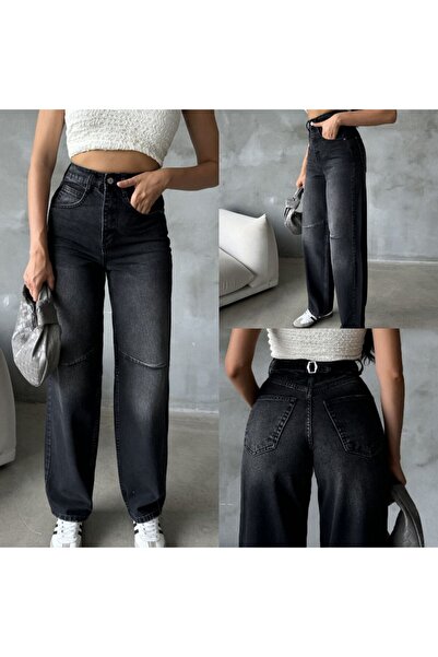 FioriModa Antracitové džíny s vysokým pasem a detaily šití, zapínání na přezku vzadu