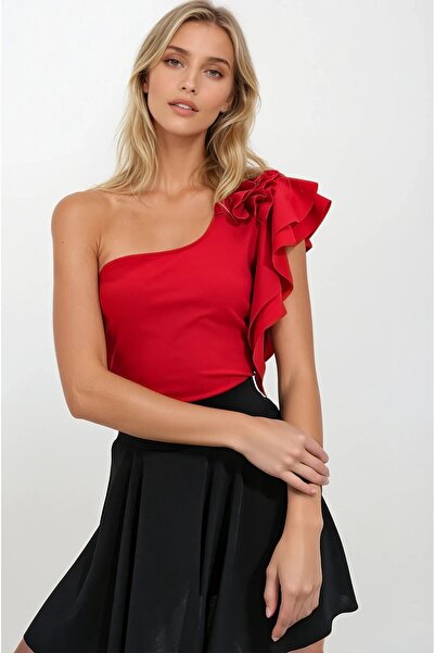 OLSAMODA Women's One Shoulder Drapelled Shoulder Ruffle Lycra Fabric Blouse