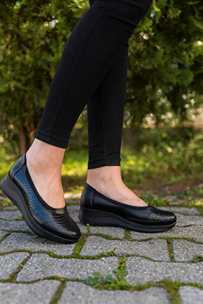 POTEEN Γυναικεία παπούτσια Comfort Γνήσιο δέρμα Crocodile Patent Leather-Μαύρο