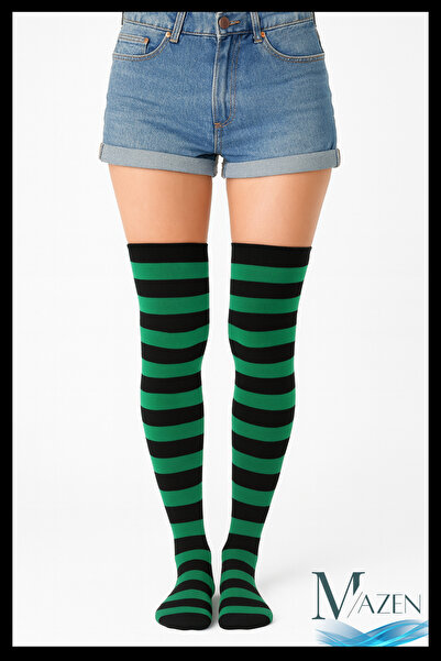 MAZEN Зелени и черни раирани чорапи до коляното | Чорапи до коляното в стил у...