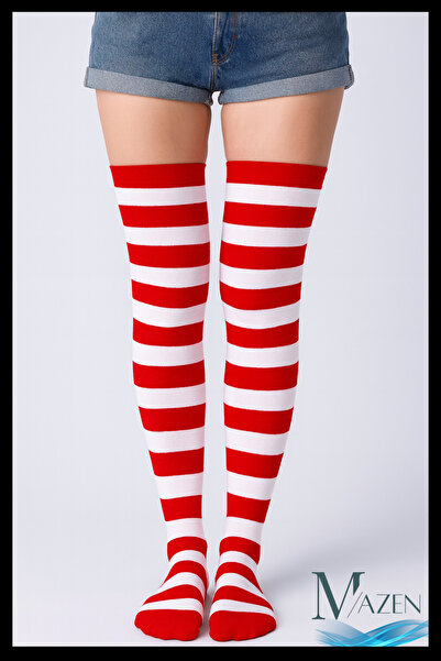 MAZEN Дълги чорапи с червени и бели райета | До коляното, в стил ученически |...