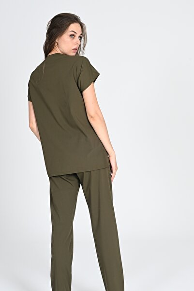 BAŞAK Haki Pamuk Likralı Unisex Yarasa Kol Hemşire Ve Doktor Forması Takımı Hastane Üniforması