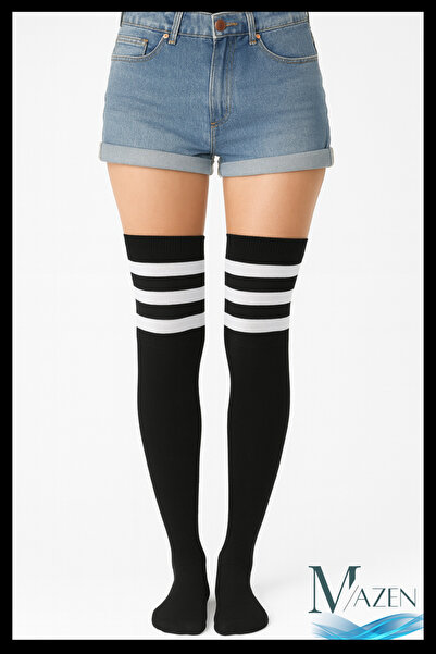 MAZEN Дълги черни чорапи с бели ивици | До коляното, в стил ученически | Дамс...