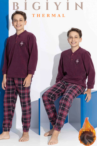 bigiyin Set de pijamale din lână de iarnă pentru băiat roșu Claret - Lenjerie...