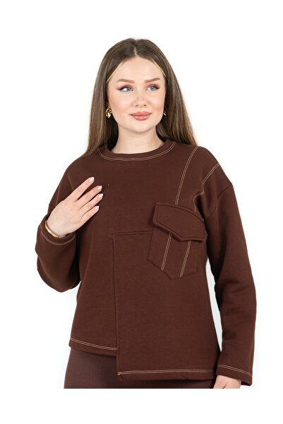 Sortie Women's Brown Color Pocketed Crew Neck Three Thread Asymmetrical Sweatshirt