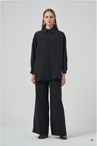 Nuss 1021 Kendinden Çizgili Pantolonlu Takım - siyah