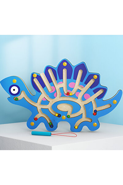 Toyska Joc Montessori din lemn Labirint cu Bile, Creion Magnetic, Stegozaur, 25x15.5 cm, Albastru
