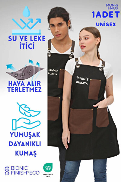 Monki Haus Kişiye Özel Isim Nakışlı Önlük Mutfak Kafe Chef Barista Garson Çiç...