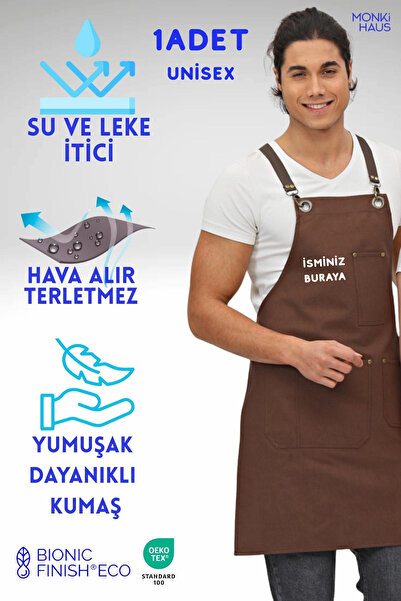 Monki Haus Kişiye Özel Isim Nakışlı Önlük Mutfak Kafe Chef Barista Garson Çiç...