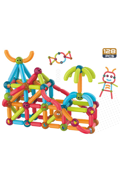 Toyska Joc educativ constructii magnetice Magnetic Sticks cu animale, 128 piese, multicolor