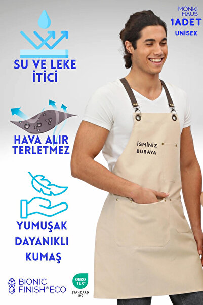 Monki Haus Kişiye Özel Isim Nakışlı Önlük Mutfak Kafe Chef Barista Garson Çiç...