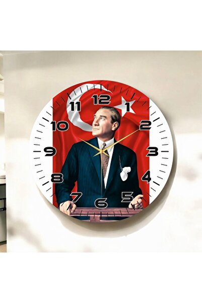 AA Shop Renkli Baskı Atatürk Türk Bayrak Desenli Sayılı Öğretmen Hediyelik Ahşap Sessiz Tablo Duvar Saati