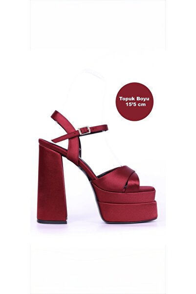 E&L Company 15,5cm Çift ve Kalın Platformlu. Vişne çürüğü Bordo saten Kınalık.