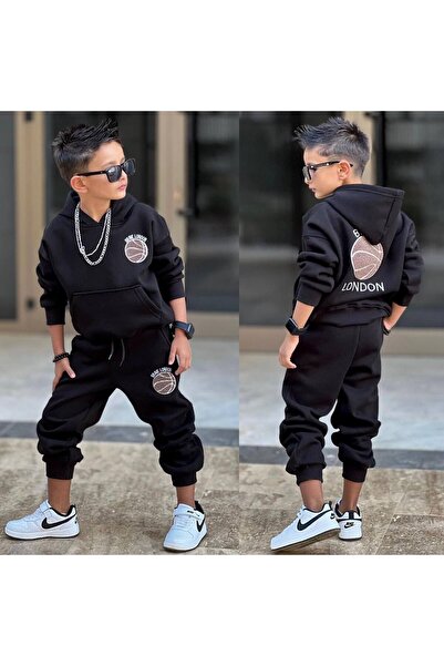 Aselin Kids Set de trening cu model de baschet cu glugă negru pentru băieți set