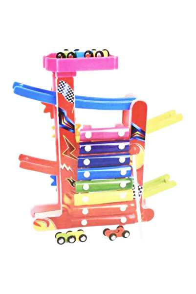 Toyska Circuit din lemn cu 3 masinute colorate si cu xilofon