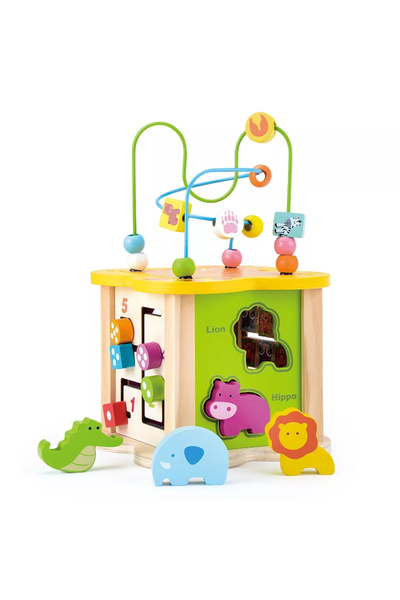Toyska Cub educativ multifunctional din lemn 6 in 1 Mini Animal Cube, multicolor