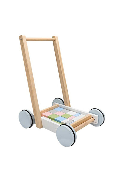 Toyska Antemergator si Carucior pentru Cuburi 2 in 1 DIY din Lemn, 20 cuburi,...