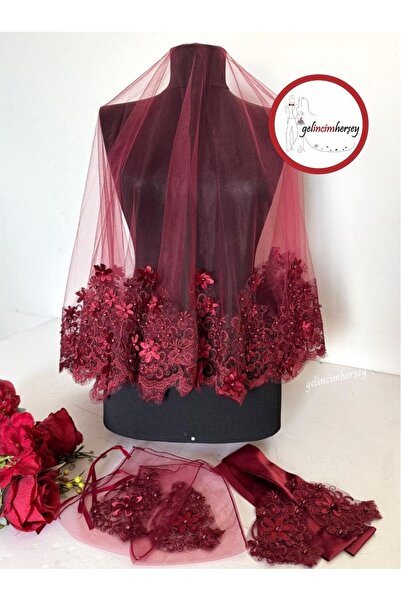 Gelincimherşey Bordo 3 Boyutlu Dantelli Gelin Duvak Eldiven Kuşak Komple Set