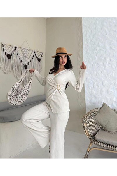 Butik Kruvaze Gold Tokalı Bluz& Geniş Paça Alt Üst Takım