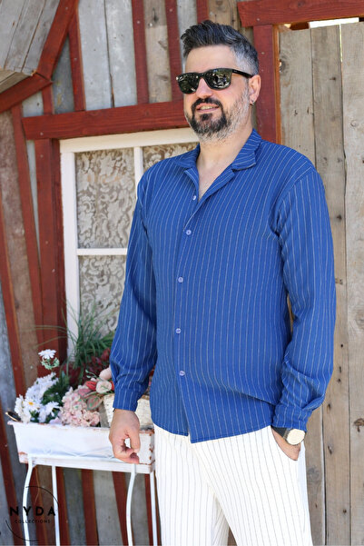 Nyda Collections Men's Crepe Fabric Striped Lycra Oversize Long Sleeve Shirt with Pockets Elastic Waist Lace-Up Trousers Set