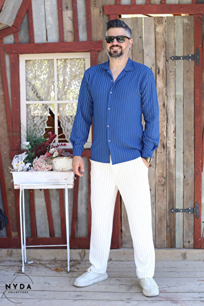 Nyda Collections Men's Crepe Fabric Striped Lycra Oversize Long Sleeve Shirt with Pockets Elastic Waist Lace-Up Trousers Set