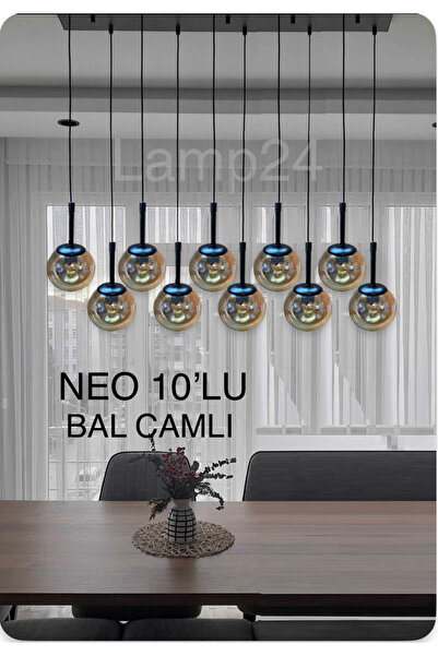 Lamp24 NEO SERİSİ 10’LU BAL GLOP CAMLI YEMEK MASASI AVİZESİ